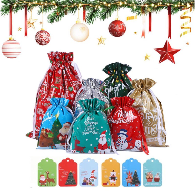 Christmas Drawstring Gift Bags 35PCS Assorted Sizes Aluminum Foil Bags with Festive Designs for Holiday Present Wrapping Party Favors (Style A) - Image 1